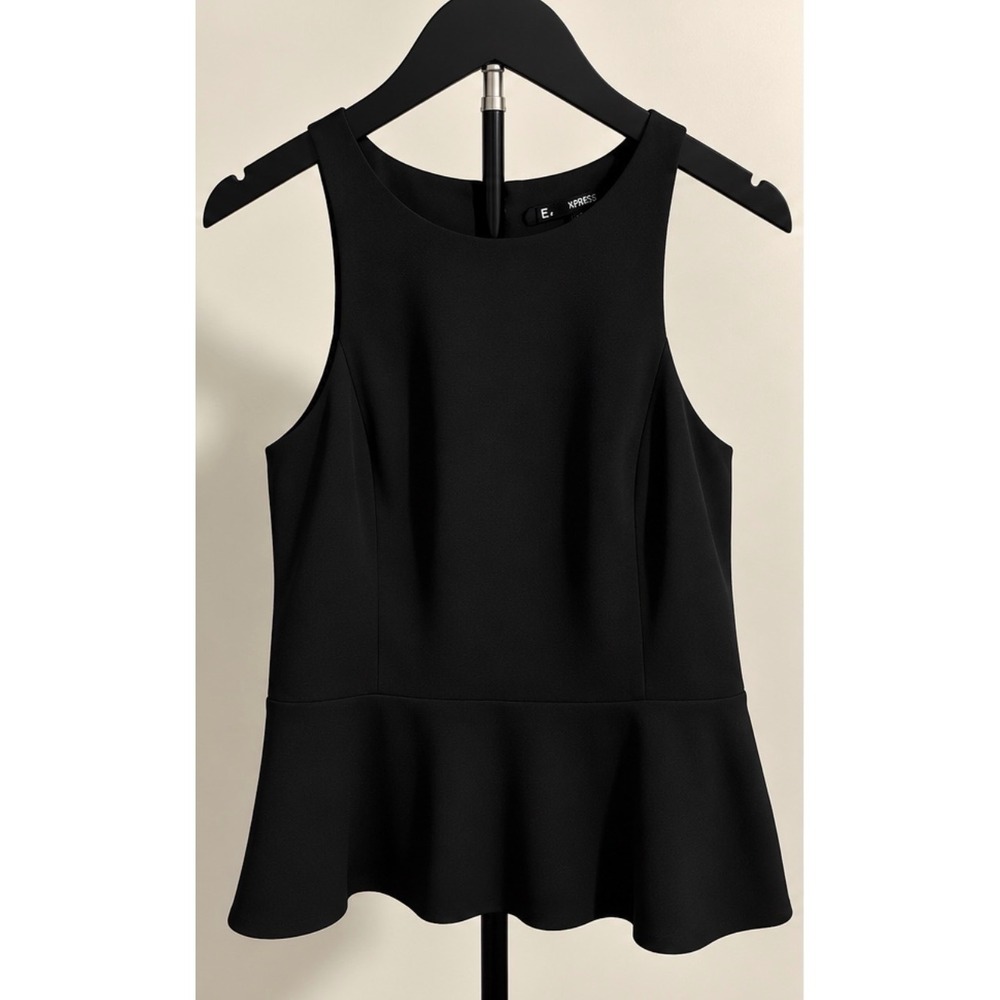 Express Womens Black Sleeveless Peplum Top Blouse Round Neck Back Zip Size XS